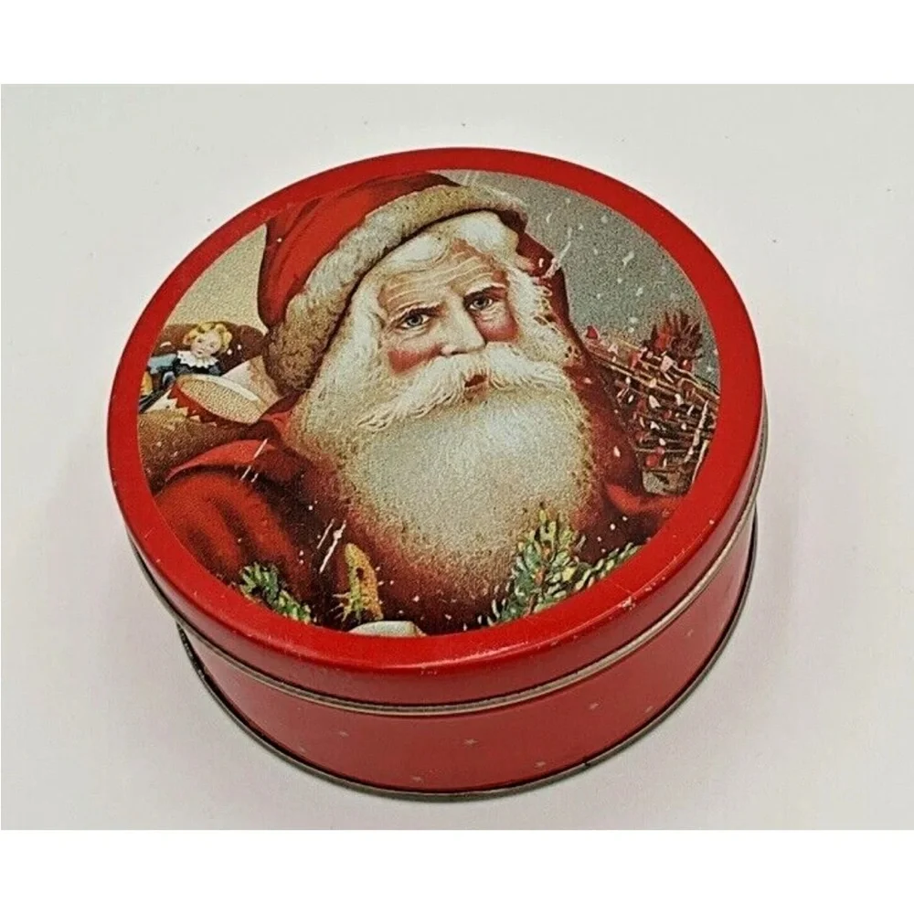 Vtg Tin Santa Claus Coasters, Christmas Lidded 5/ Container ~Holiday Round 3.5”